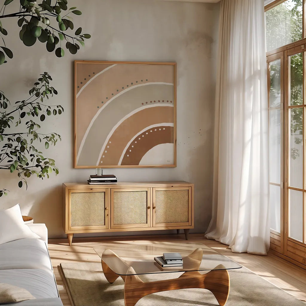 Botanical Form VII Neutral by Veronique Charron. Shown in a natural wood frame in a cozy modern living room. Available as an archival giclee rolled canvas, fine art paper, or poster print. SKU 71449a.