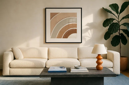 Botanical Form VII Neutral by Veronique Charron. Displayed in a glass frame with matte in a clean modern living room. Available as an archival giclee rolled canvas, fine art paper, or poster print. SKU 71449a.