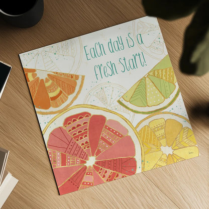 Citrus Splash I by Veronique Charron. Shown as a detailed flat fine art print, highlighting archival giclee quality. Available as an archival giclee rolled canvas, fine art paper, or poster print. SKU 37553a.