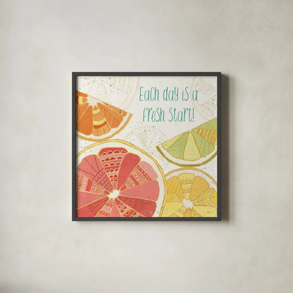 Citrus Splash I by Veronique Charron. Shown in a sleek black glass frame for a contemporary gallery look. Available as an archival giclee rolled canvas, fine art paper, or poster print. SKU 37553a.