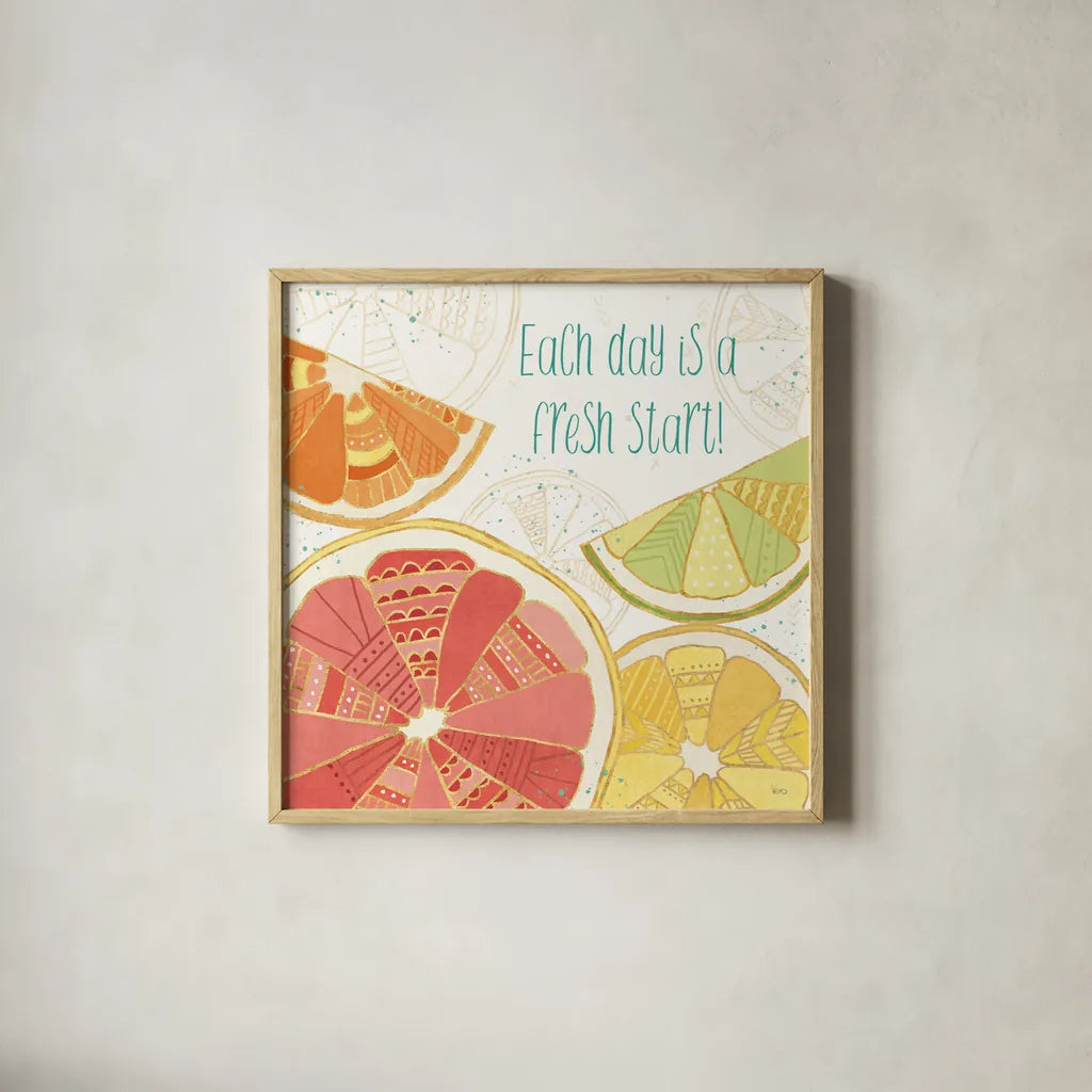 Citrus Splash I by Veronique Charron. Shown in a natural wood glass frame for a timeless modern aesthetic. Available as an archival giclee rolled canvas, fine art paper, or poster print. SKU 37553a.