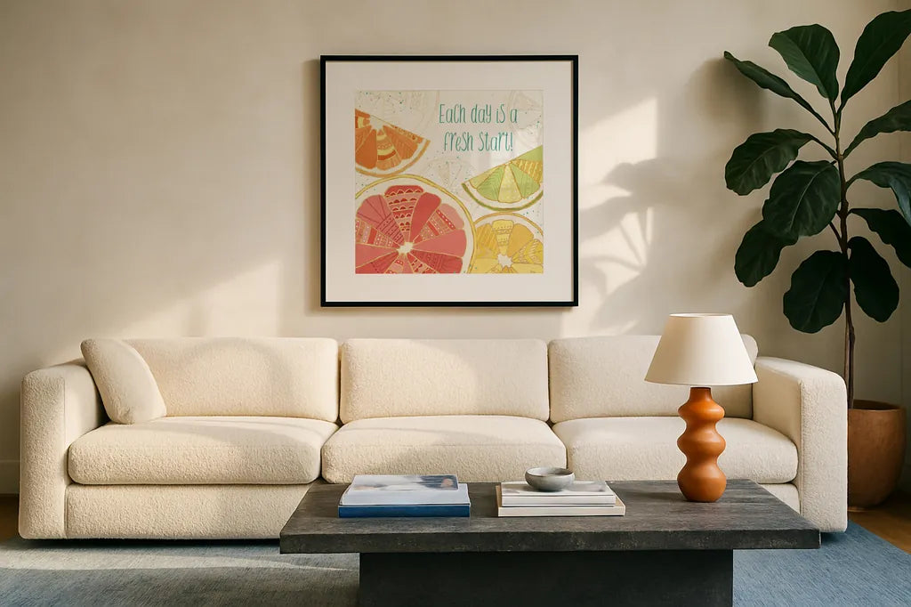 Citrus Splash I by Veronique Charron. Displayed in a glass frame with matte in a clean modern living room. Available as an archival giclee rolled canvas, fine art paper, or poster print. SKU 37553a.