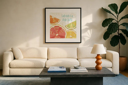 Citrus Splash I by Veronique Charron. Displayed in a glass frame with matte in a clean modern living room. Available as an archival giclee rolled canvas, fine art paper, or poster print. SKU 37553a.