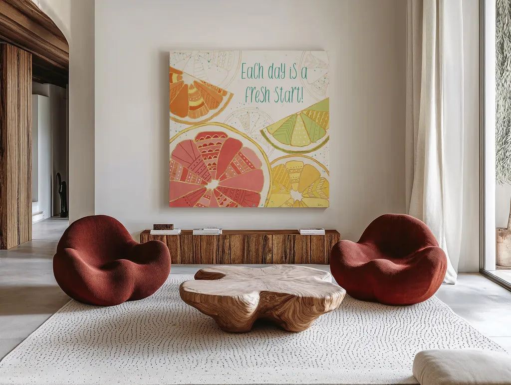 Citrus Splash I by Veronique Charron. Shown as extra-large giant wall art in a modern living room. Available as an archival giclee rolled canvas, fine art paper, or poster print. SKU 37553a.