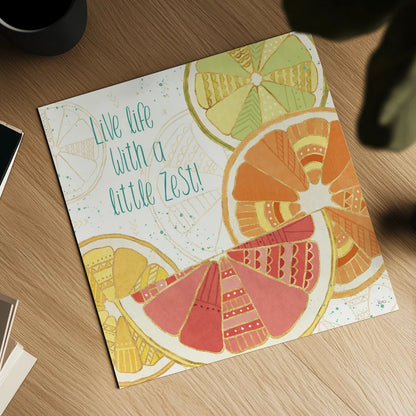 Citrus Splash II by Veronique Charron. Shown as a detailed flat fine art print, highlighting archival giclee quality. Available as an archival giclee rolled canvas, fine art paper, or poster print. SKU 37554a.