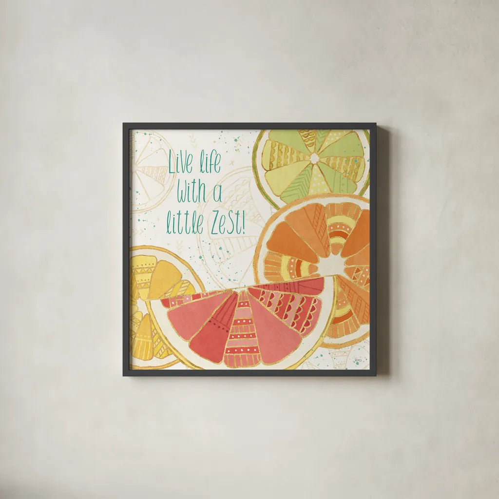 Citrus Splash II by Veronique Charron. Shown in a sleek black glass frame for a contemporary gallery look. Available as an archival giclee rolled canvas, fine art paper, or poster print. SKU 37554a.