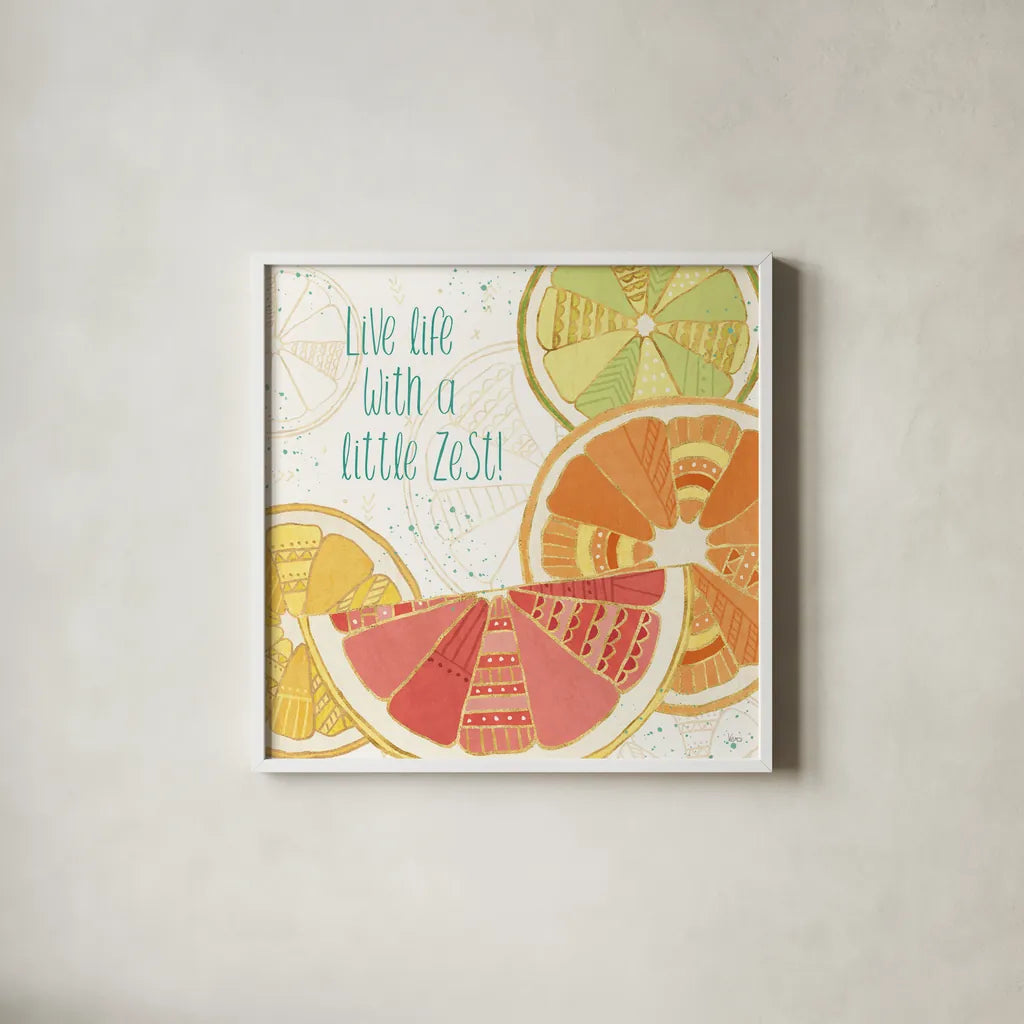 Citrus Splash II by Veronique Charron. Shown in a crisp white glass frame for a clean and minimalist style. Available as an archival giclee rolled canvas, fine art paper, or poster print. SKU 37554a.