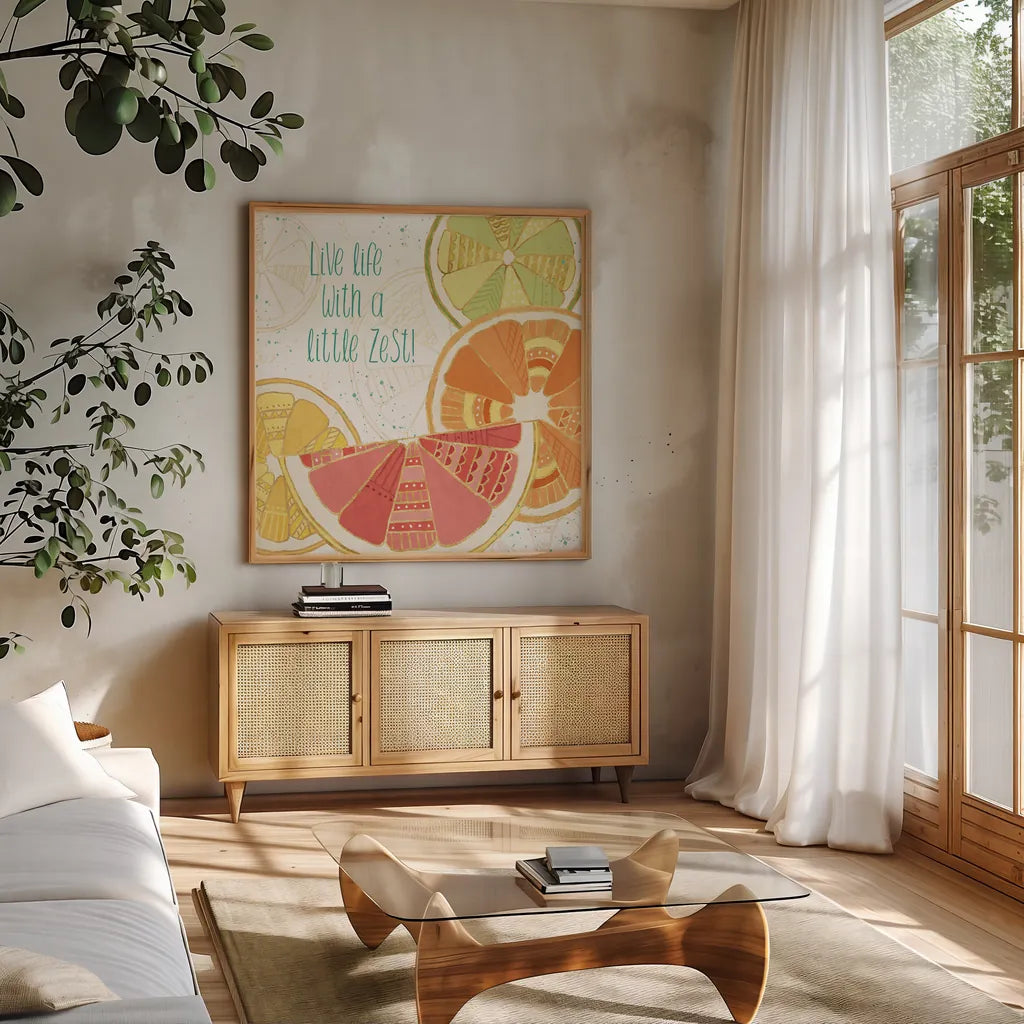 Citrus Splash II by Veronique Charron. Shown in a natural wood frame in a cozy modern living room. Available as an archival giclee rolled canvas, fine art paper, or poster print. SKU 37554a.