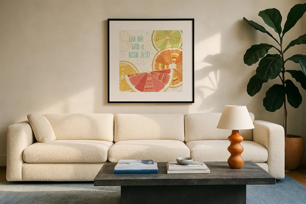 Citrus Splash II by Veronique Charron. Displayed in a glass frame with matte in a clean modern living room. Available as an archival giclee rolled canvas, fine art paper, or poster print. SKU 37554a.