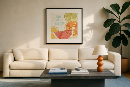 Citrus Splash II by Veronique Charron. Displayed in a glass frame with matte in a clean modern living room. Available as an archival giclee rolled canvas, fine art paper, or poster print. SKU 37554a.