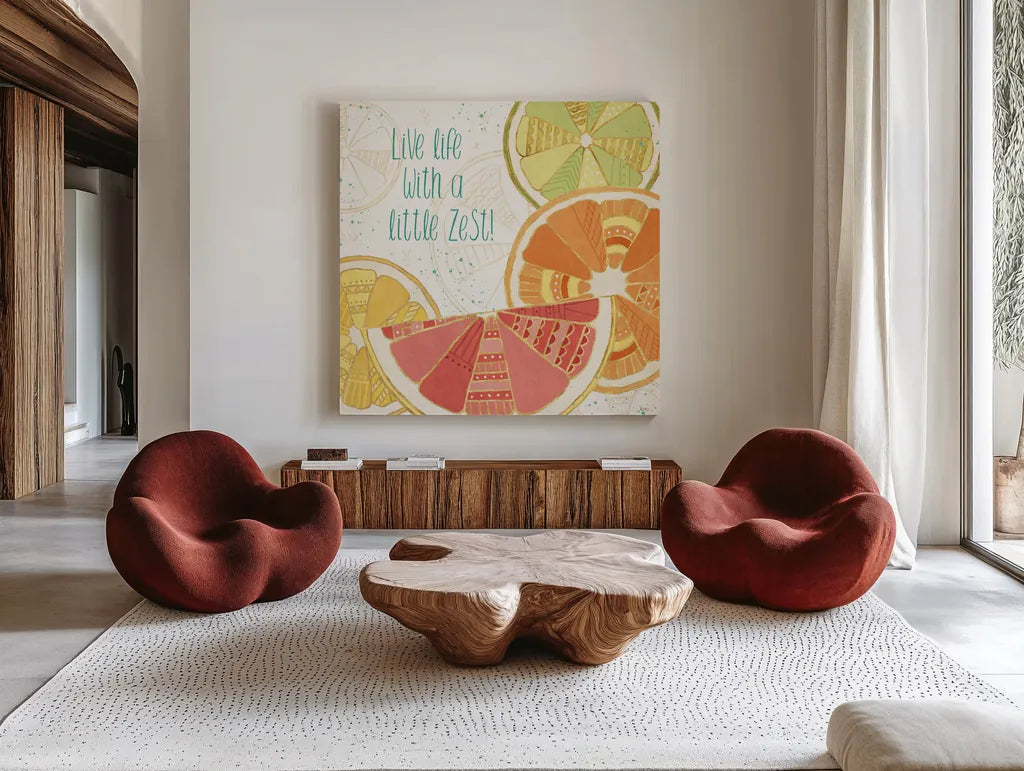 Citrus Splash II by Veronique Charron. Shown as extra-large giant wall art in a modern living room. Available as an archival giclee rolled canvas, fine art paper, or poster print. SKU 37554a.