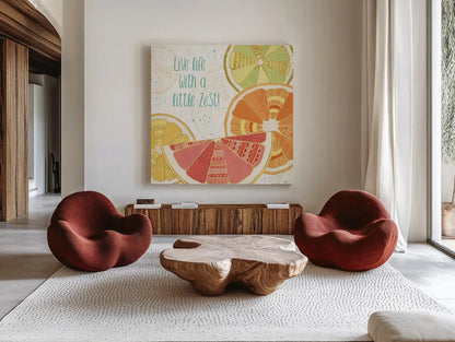 Citrus Splash II by Veronique Charron. Shown as extra-large giant wall art in a modern living room. Available as an archival giclee rolled canvas, fine art paper, or poster print. SKU 37554a.