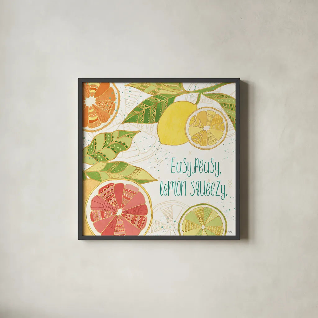 Citrus Splash III by Veronique Charron. Shown in a sleek black glass frame for a contemporary gallery look. Available as an archival giclee rolled canvas, fine art paper, or poster print. SKU 37555a.