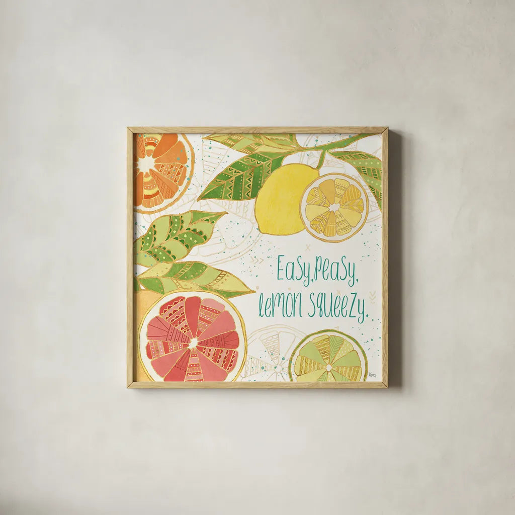 Citrus Splash III by Veronique Charron. Shown in a natural wood glass frame for a timeless modern aesthetic. Available as an archival giclee rolled canvas, fine art paper, or poster print. SKU 37555a.