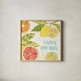 Citrus Splash III by Veronique Charron. Shown in a natural wood glass frame for a timeless modern aesthetic. Available as an archival giclee rolled canvas, fine art paper, or poster print. SKU 37555a.