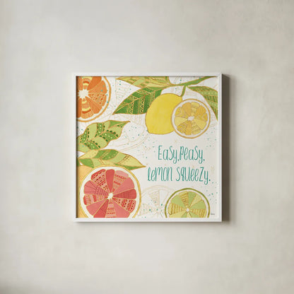 Citrus Splash III by Veronique Charron. Shown in a crisp white glass frame for a clean and minimalist style. Available as an archival giclee rolled canvas, fine art paper, or poster print. SKU 37555a.