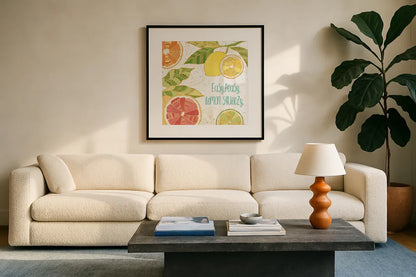 Citrus Splash III by Veronique Charron. Displayed in a glass frame with matte in a clean modern living room. Available as an archival giclee rolled canvas, fine art paper, or poster print. SKU 37555a.