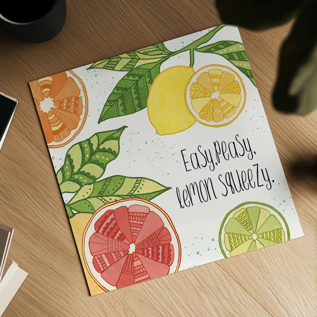 Citrus Splash III Black Text by Veronique Charron. Shown as a detailed flat fine art print, highlighting archival giclee quality. Available as an archival giclee rolled canvas, fine art paper, or poster print. SKU 56939a.