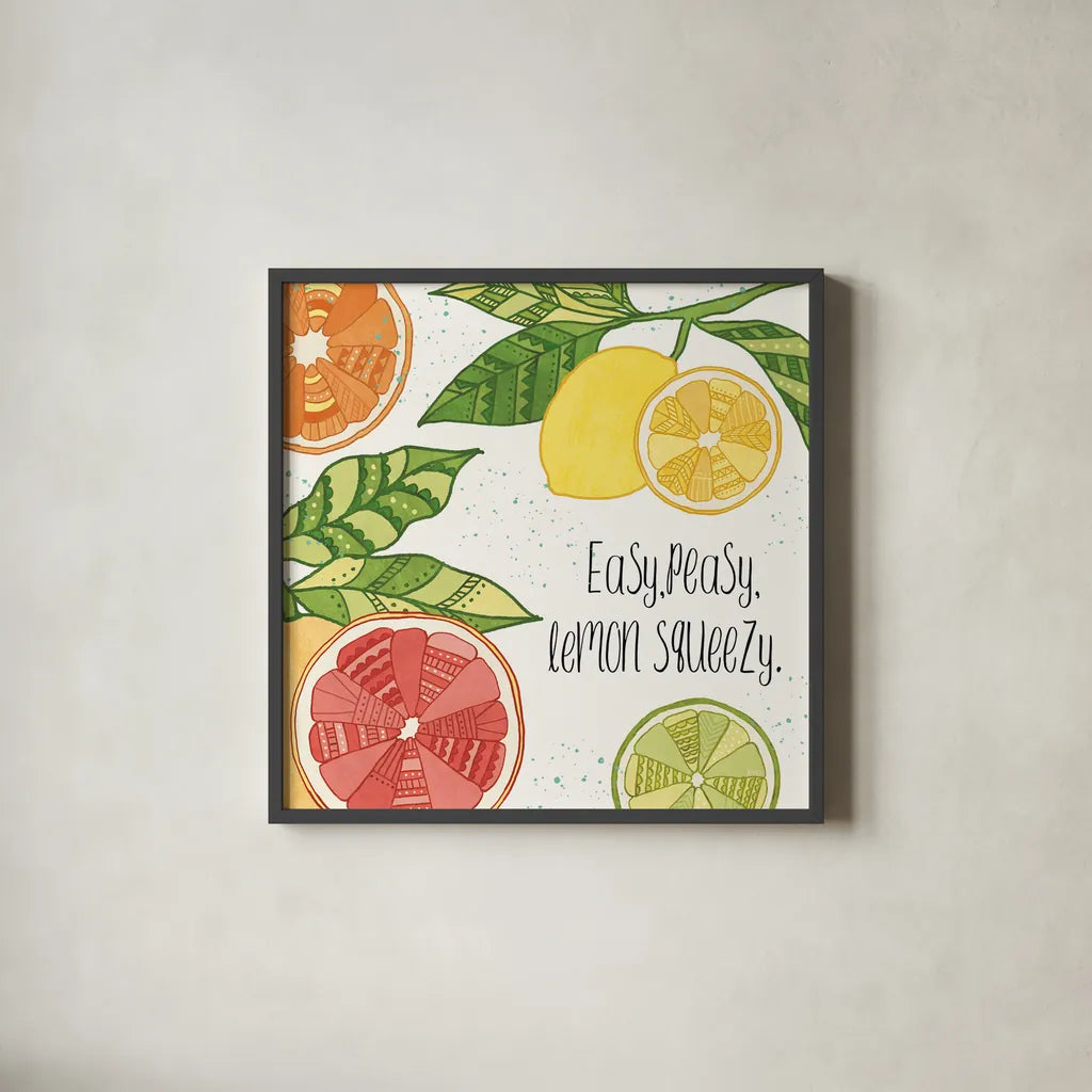Citrus Splash III Black Text by Veronique Charron. Shown in a sleek black glass frame for a contemporary gallery look. Available as an archival giclee rolled canvas, fine art paper, or poster print. SKU 56939a.