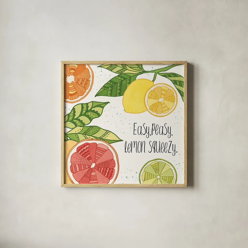 Citrus Splash III Black Text by Veronique Charron. Shown in a natural wood glass frame for a timeless modern aesthetic. Available as an archival giclee rolled canvas, fine art paper, or poster print. SKU 56939a.