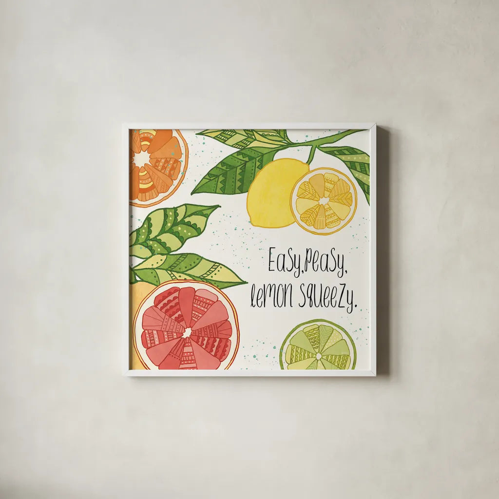 Citrus Splash III Black Text by Veronique Charron. Shown in a crisp white glass frame for a clean and minimalist style. Available as an archival giclee rolled canvas, fine art paper, or poster print. SKU 56939a.