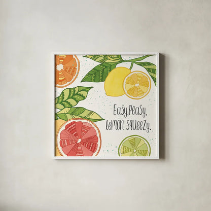 Citrus Splash III Black Text by Veronique Charron. Shown in a crisp white glass frame for a clean and minimalist style. Available as an archival giclee rolled canvas, fine art paper, or poster print. SKU 56939a.