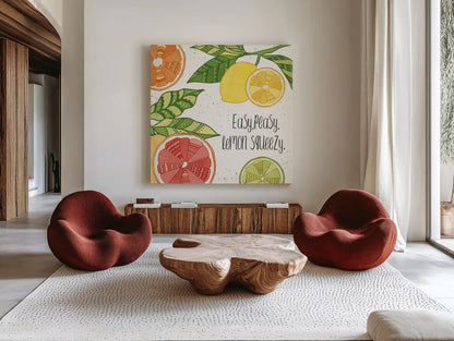 Citrus Splash III Black Text by Veronique Charron. Shown as extra-large giant wall art in a modern living room. Available as an archival giclee rolled canvas, fine art paper, or poster print. SKU 56939a.