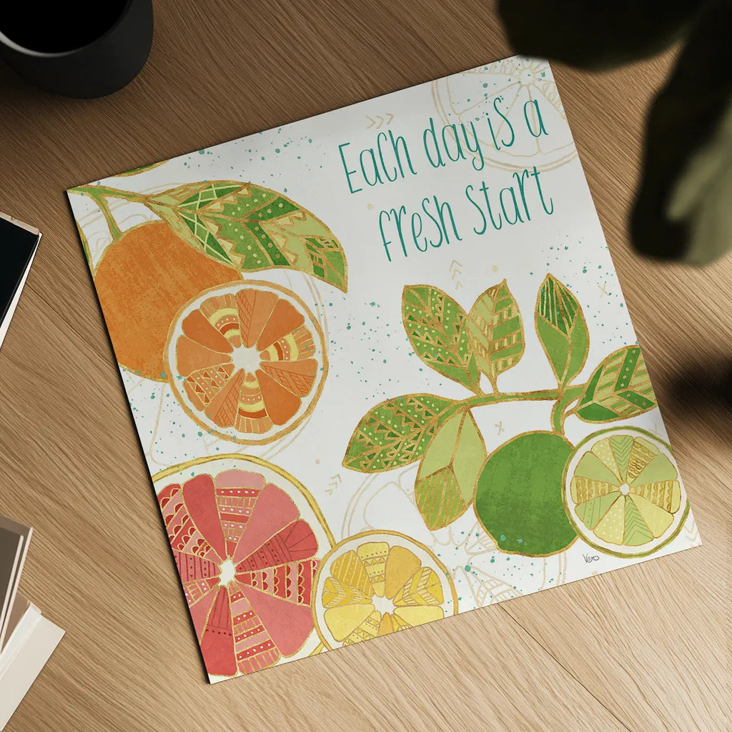 Citrus Splash IV by Veronique Charron. Shown as a detailed flat fine art print, highlighting archival giclee quality. Available as an archival giclee rolled canvas, fine art paper, or poster print. SKU 37556a.