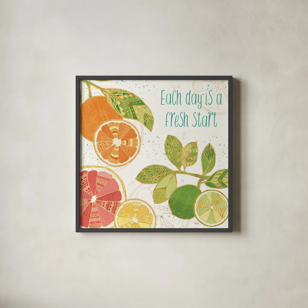Citrus Splash IV by Veronique Charron. Shown in a sleek black glass frame for a contemporary gallery look. Available as an archival giclee rolled canvas, fine art paper, or poster print. SKU 37556a.