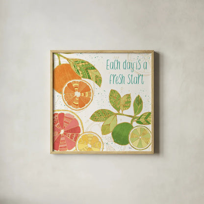 Citrus Splash IV by Veronique Charron. Shown in a natural wood glass frame for a timeless modern aesthetic. Available as an archival giclee rolled canvas, fine art paper, or poster print. SKU 37556a.