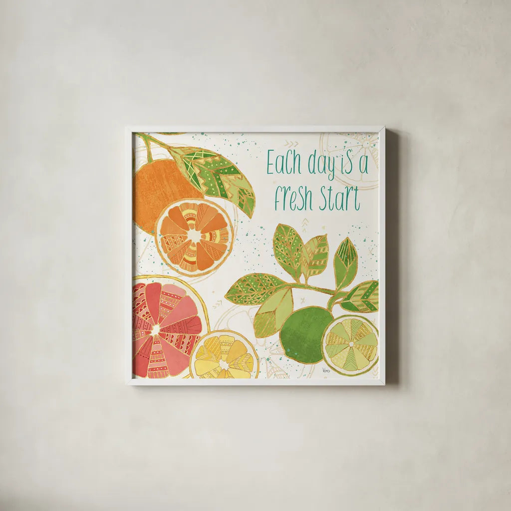 Citrus Splash IV by Veronique Charron. Shown in a crisp white glass frame for a clean and minimalist style. Available as an archival giclee rolled canvas, fine art paper, or poster print. SKU 37556a.