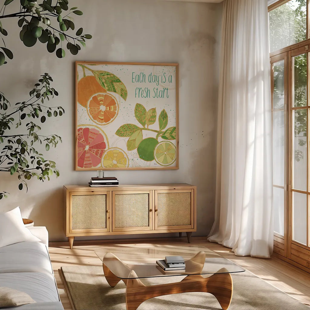Citrus Splash IV by Veronique Charron. Shown in a natural wood frame in a cozy modern living room. Available as an archival giclee rolled canvas, fine art paper, or poster print. SKU 37556a.