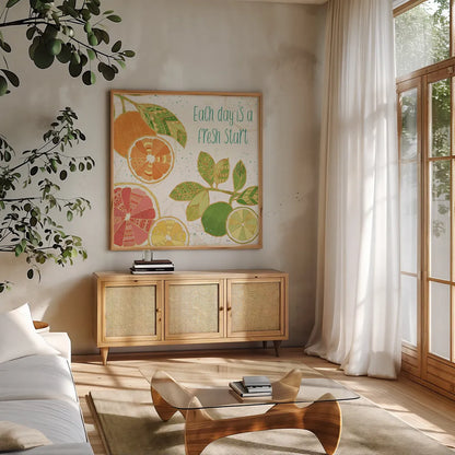 Citrus Splash IV by Veronique Charron. Shown in a natural wood frame in a cozy modern living room. Available as an archival giclee rolled canvas, fine art paper, or poster print. SKU 37556a.