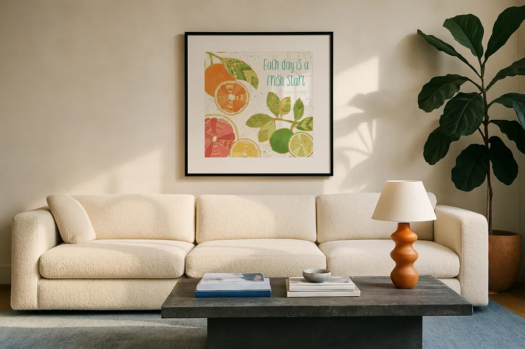 Citrus Splash IV by Veronique Charron. Displayed in a glass frame with matte in a clean modern living room. Available as an archival giclee rolled canvas, fine art paper, or poster print. SKU 37556a.
