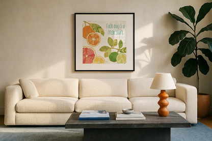 Citrus Splash IV by Veronique Charron. Displayed in a glass frame with matte in a clean modern living room. Available as an archival giclee rolled canvas, fine art paper, or poster print. SKU 37556a.