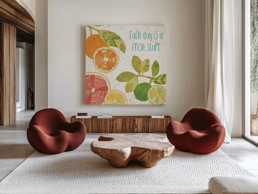 Citrus Splash IV by Veronique Charron. Shown as extra-large giant wall art in a modern living room. Available as an archival giclee rolled canvas, fine art paper, or poster print. SKU 37556a.