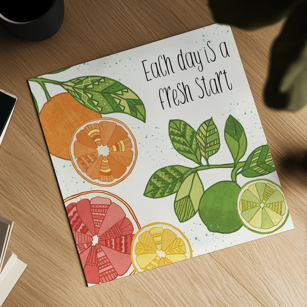 Citrus Splash IV Black Text by Veronique Charron. Shown as a detailed flat fine art print, highlighting archival giclee quality. Available as an archival giclee rolled canvas, fine art paper, or poster print. SKU 56942a.