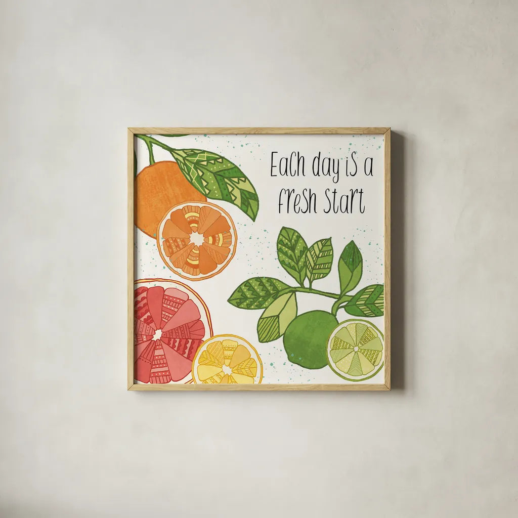 Citrus Splash IV Black Text by Veronique Charron. Shown in a natural wood glass frame for a timeless modern aesthetic. Available as an archival giclee rolled canvas, fine art paper, or poster print. SKU 56942a.