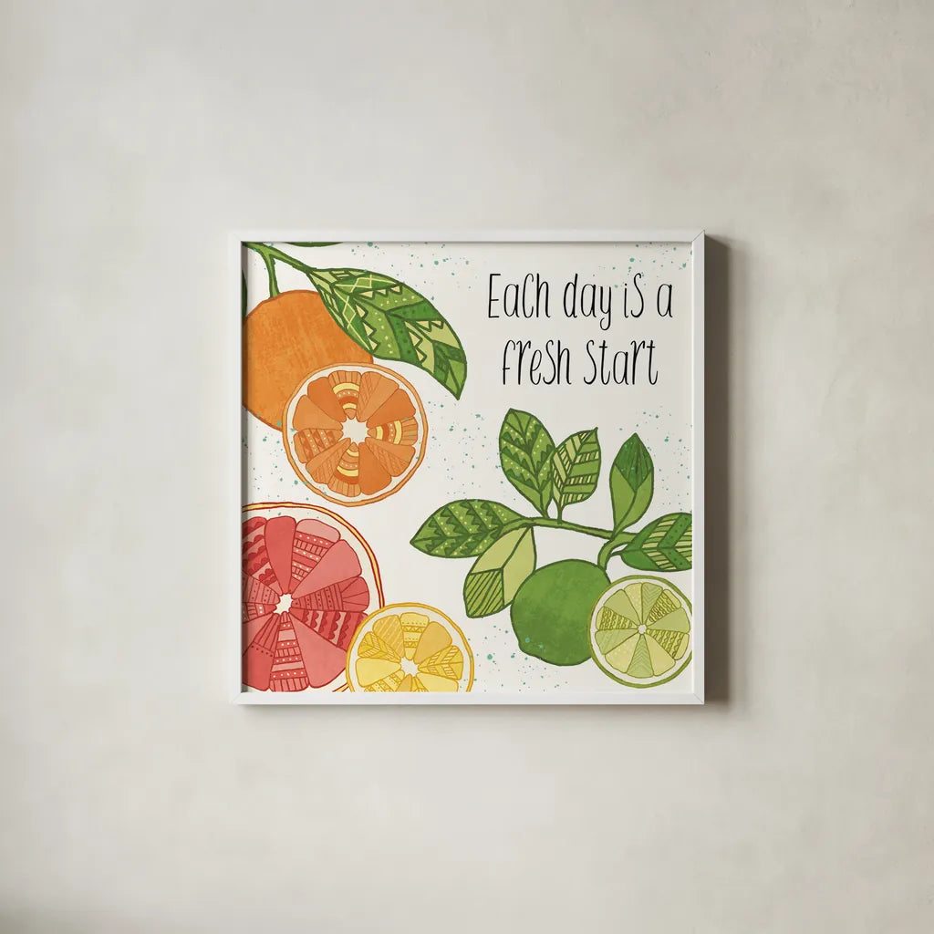 Citrus Splash IV Black Text by Veronique Charron. Shown in a crisp white glass frame for a clean and minimalist style. Available as an archival giclee rolled canvas, fine art paper, or poster print. SKU 56942a.