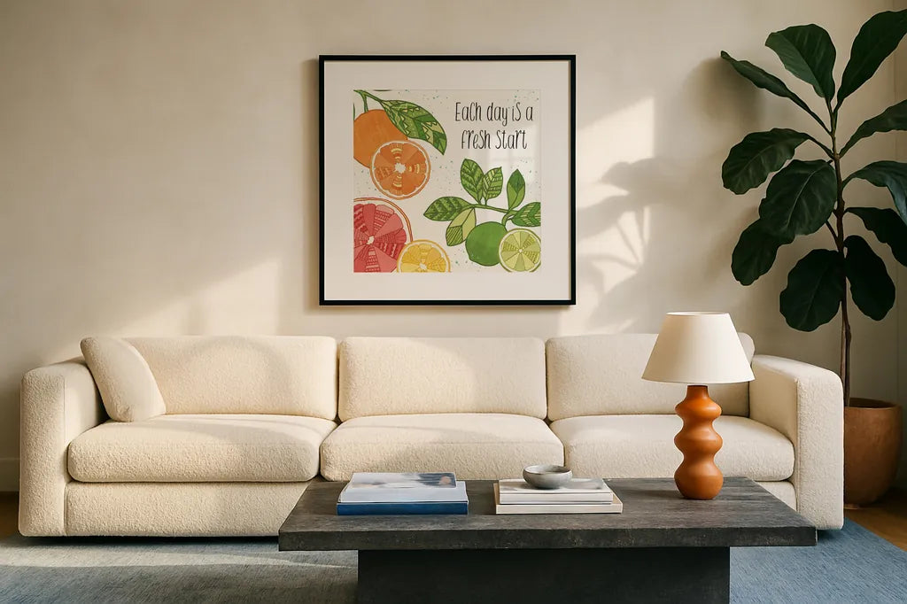 Citrus Splash IV Black Text by Veronique Charron. Displayed in a glass frame with matte in a clean modern living room. Available as an archival giclee rolled canvas, fine art paper, or poster print. SKU 56942a.