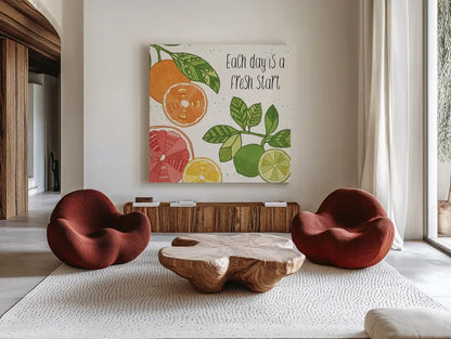 Citrus Splash IV Black Text by Veronique Charron. Shown as extra-large giant wall art in a modern living room. Available as an archival giclee rolled canvas, fine art paper, or poster print. SKU 56942a.