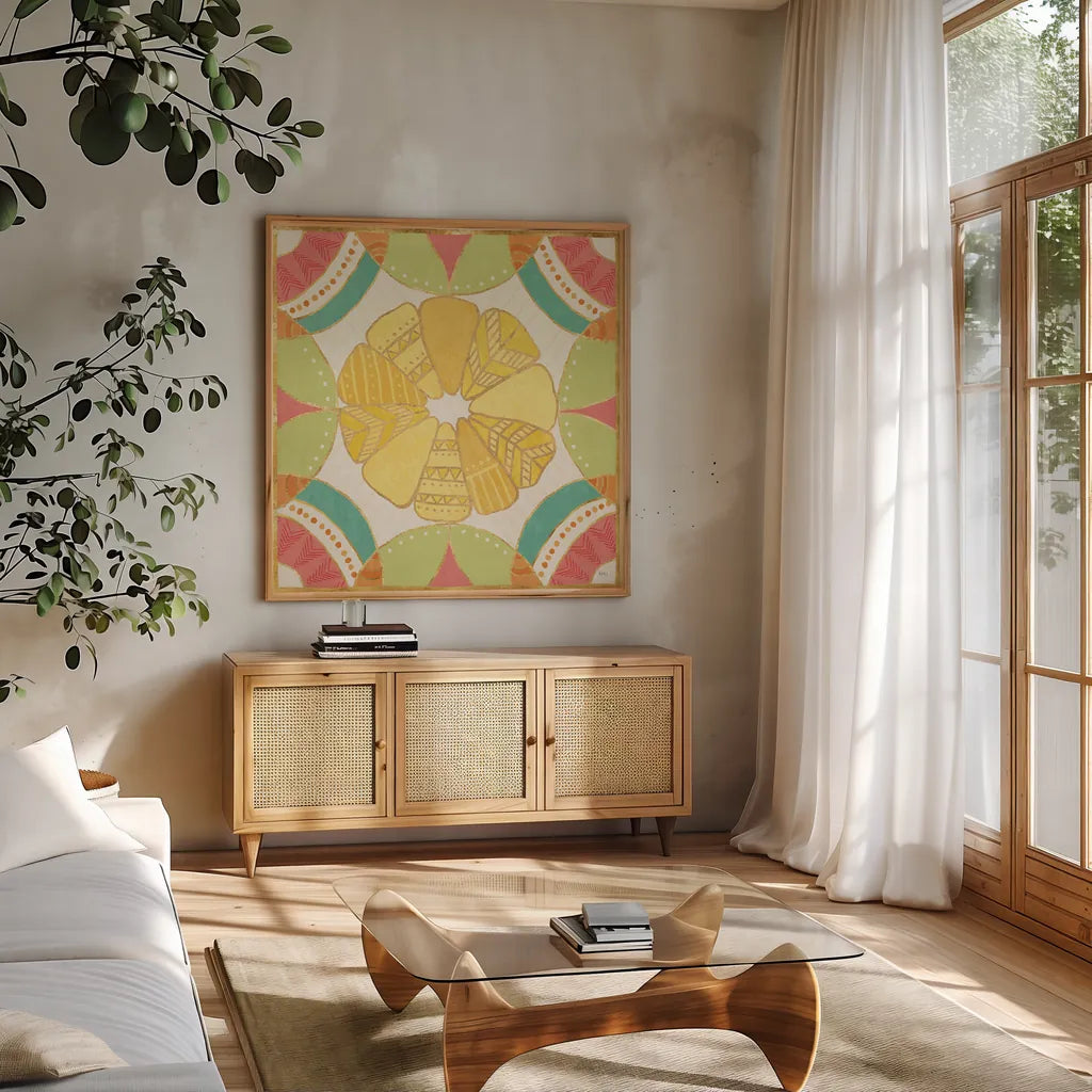 Citrus Splash IX by Veronique Charron. Shown in a natural wood frame in a cozy modern living room. Available as an archival giclee rolled canvas, fine art paper, or poster print. SKU 37561a.