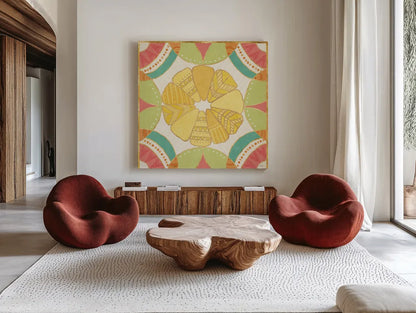 Citrus Splash IX by Veronique Charron. Shown as extra-large giant wall art in a modern living room. Available as an archival giclee rolled canvas, fine art paper, or poster print. SKU 37561a.