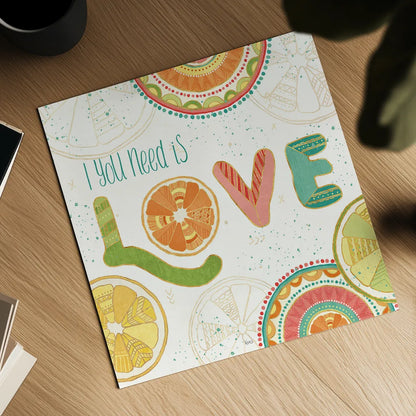 Citrus Splash V by Veronique Charron. Shown as a detailed flat fine art print, highlighting archival giclee quality. Available as an archival giclee rolled canvas, fine art paper, or poster print. SKU 37557a.