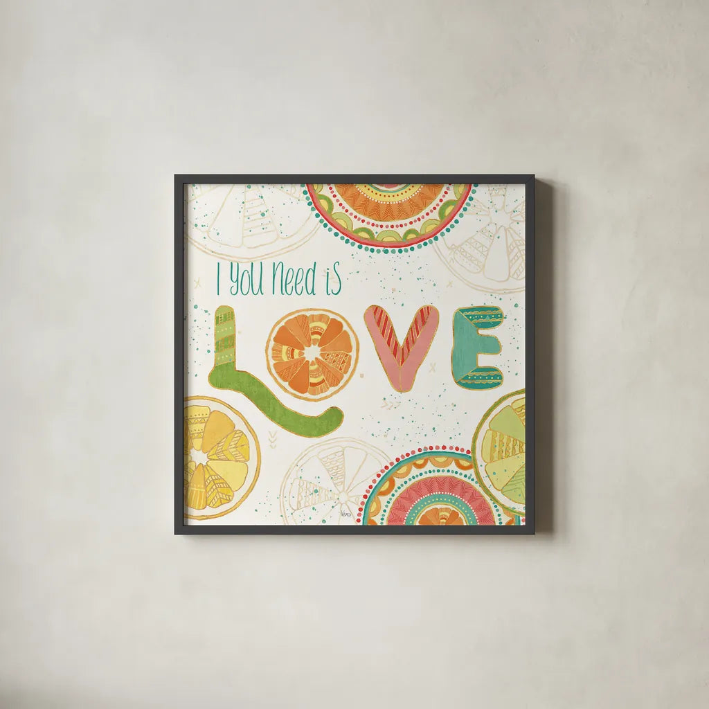 Citrus Splash V by Veronique Charron. Shown in a sleek black glass frame for a contemporary gallery look. Available as an archival giclee rolled canvas, fine art paper, or poster print. SKU 37557a.