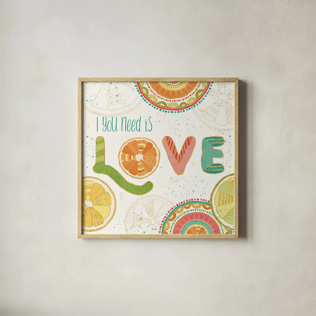 Citrus Splash V by Veronique Charron. Shown in a natural wood glass frame for a timeless modern aesthetic. Available as an archival giclee rolled canvas, fine art paper, or poster print. SKU 37557a.