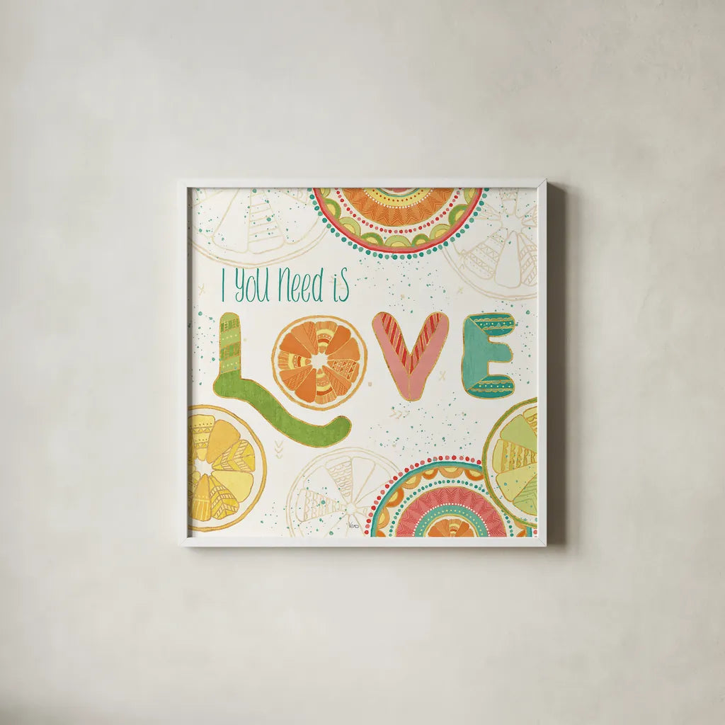 Citrus Splash V by Veronique Charron. Shown in a crisp white glass frame for a clean and minimalist style. Available as an archival giclee rolled canvas, fine art paper, or poster print. SKU 37557a.