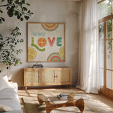 Citrus Splash V by Veronique Charron. Shown in a natural wood frame in a cozy modern living room. Available as an archival giclee rolled canvas, fine art paper, or poster print. SKU 37557a.