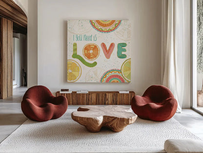 Citrus Splash V by Veronique Charron. Shown as extra-large giant wall art in a modern living room. Available as an archival giclee rolled canvas, fine art paper, or poster print. SKU 37557a.