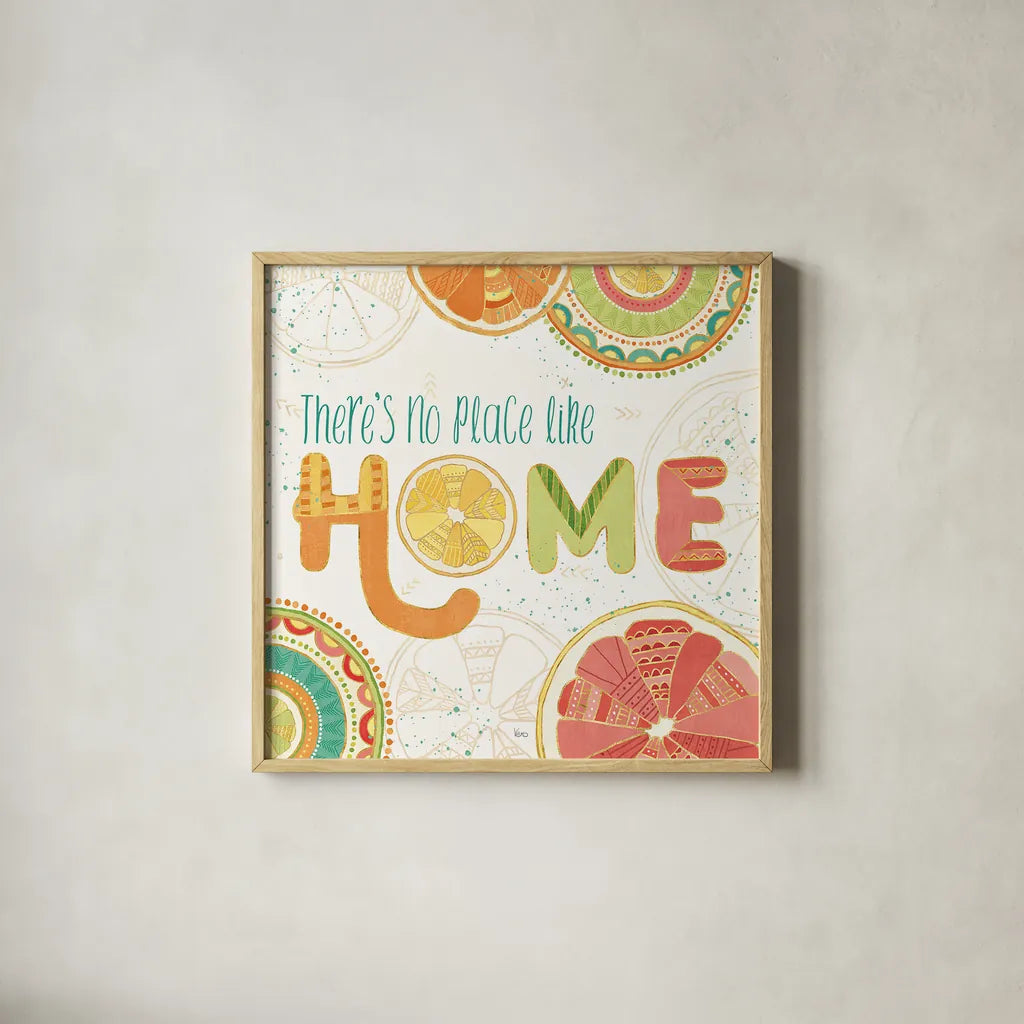 Citrus Splash VI by Veronique Charron. Shown in a natural wood glass frame for a timeless modern aesthetic. Available as an archival giclee rolled canvas, fine art paper, or poster print. SKU 37558a.